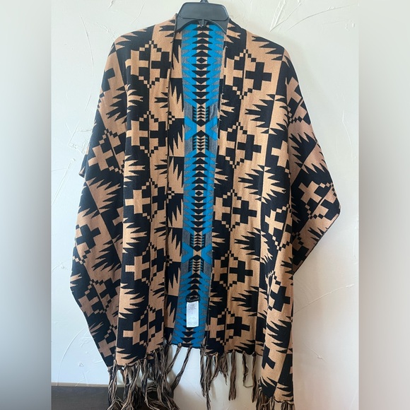 Pendleton spider rock blanket shawl Blue and Tan Geometric Poncho cape - Picture 2 of 6